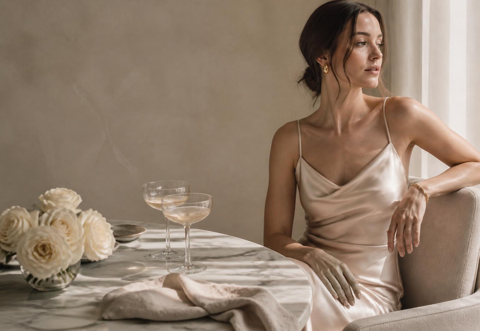 An elegant table set with coupe glasses, ivory roses and linen